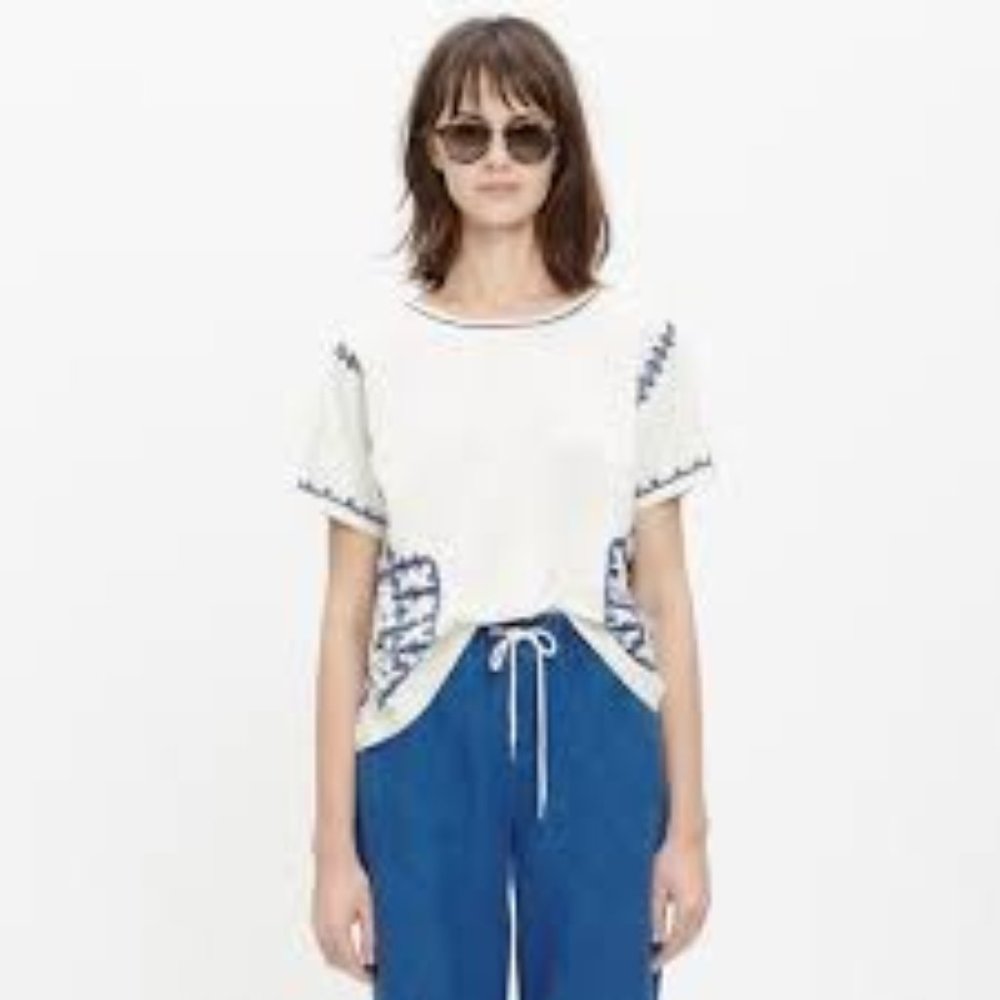 Madewell Kara Embroidered Blue White Top